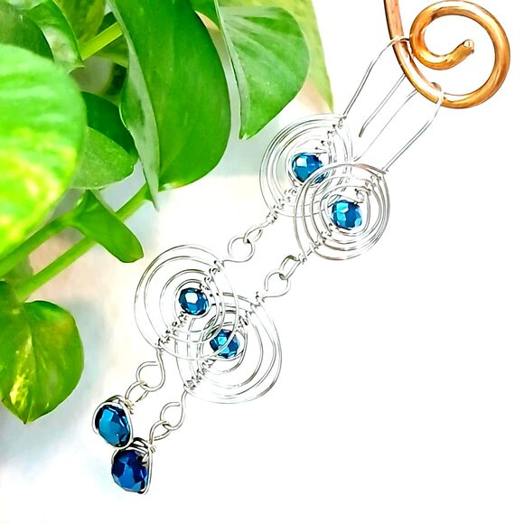 Boho Statement Cobalt Blue Dangle Earrings, Glass Beaded, Artisan 3.5" - Picture 1 of 8